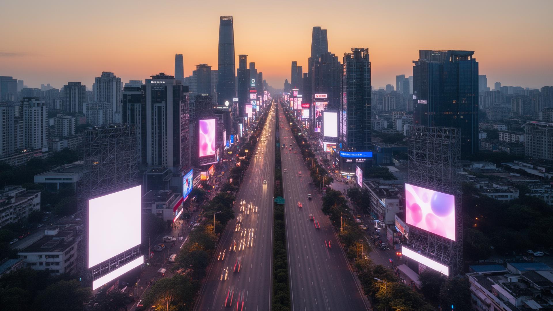Panoramic OOH billboards along an urban boulevard